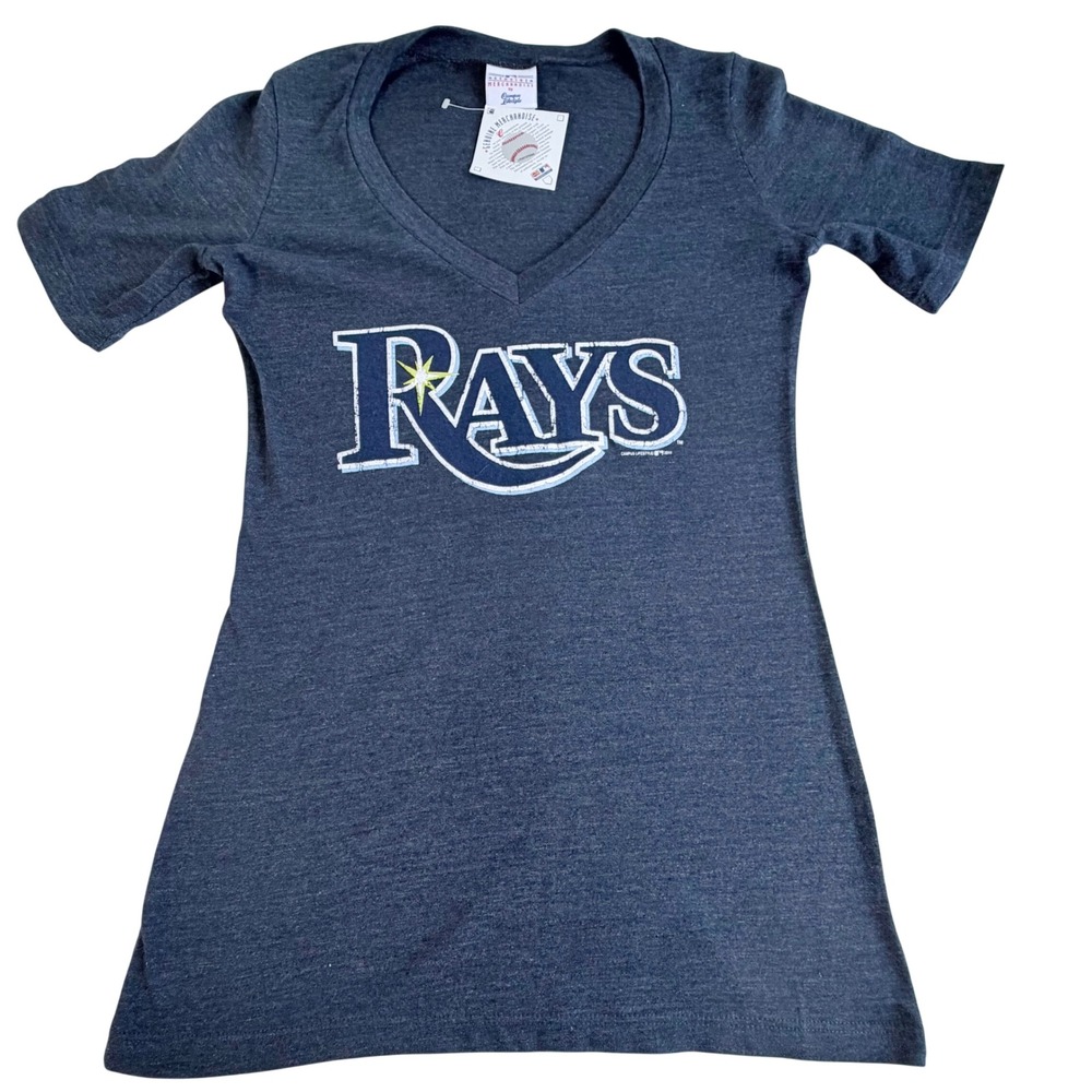 MLB Tampa Bay Rays Womens V-Neck T-Shirt Cotton Charcoal Grey Sporty Prep NWT S